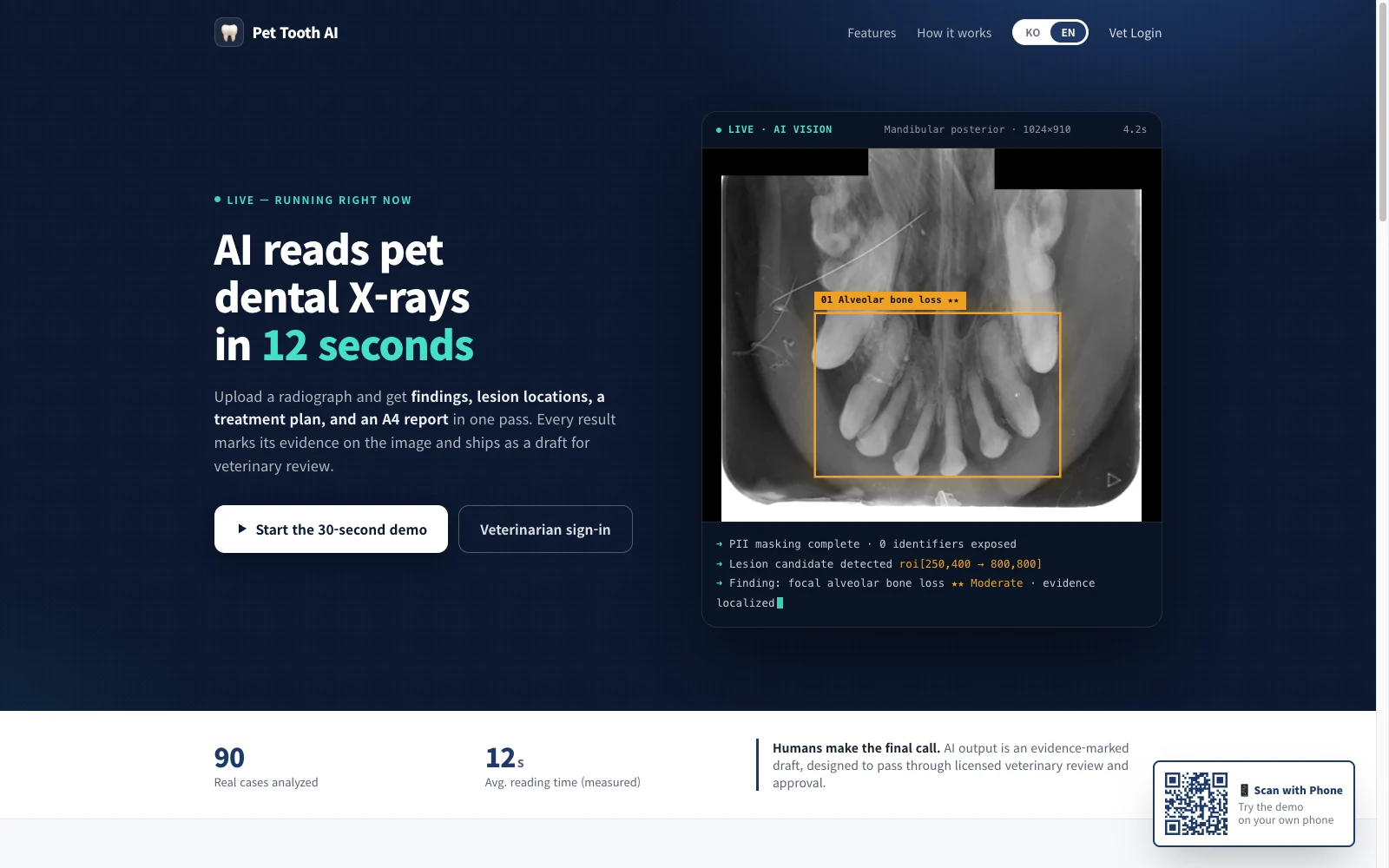 Pet Tooth AI live reading console showing a dental X-ray with a lesion marked by a bounding box