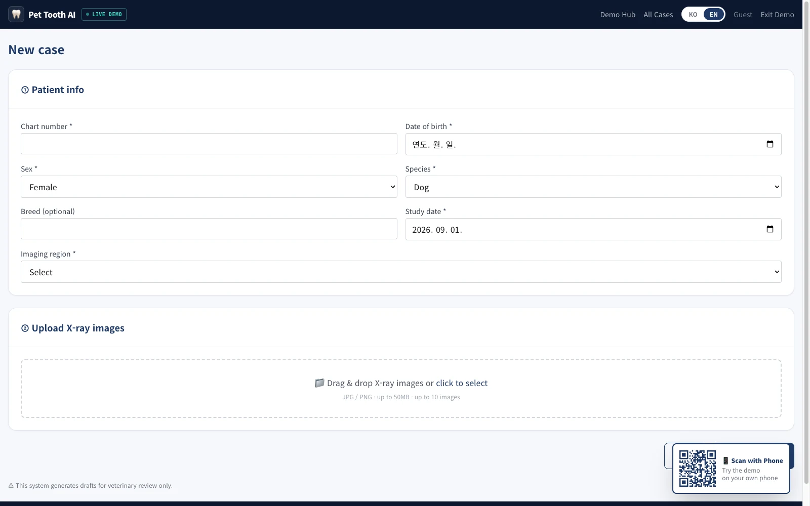 New case registration with patient details and drag-and-drop X-ray upload