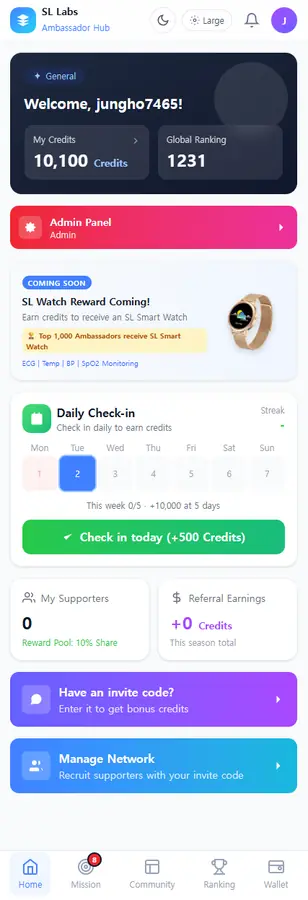 Thor home screen showing credit balance, global ranking and daily check-in