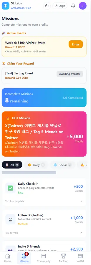 Thor missions and events screen